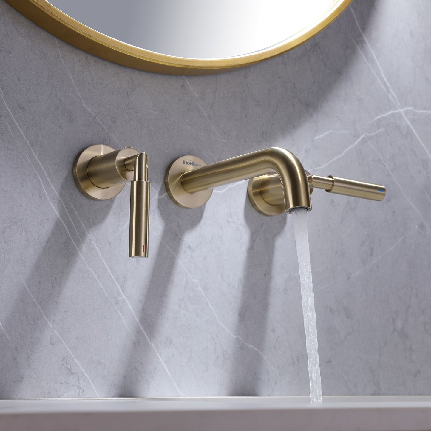 IHOMEADORE Brushed Gold Double Handle Wall Mounted Bathroom Faucet, Modern