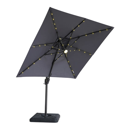 8 Ft Gray Square Patio Umbrella with Double Top, LED Lights, and 37" Large Base
