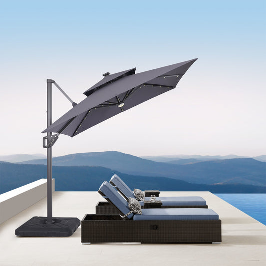 8 Ft Gray Square Patio Umbrella with Double Top, LED Lights, and 37" Large Base