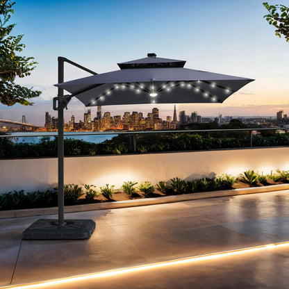 8 Ft Gray Square Patio Umbrella with Double Top, LED Lights, and 37" Large Base