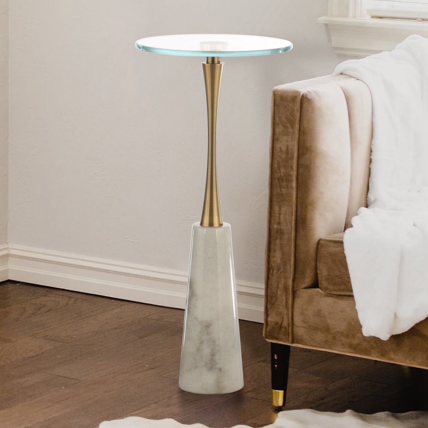 IHOMEADORE 25"H Golden Marble Metal End Table with Pedestal Base, Modern