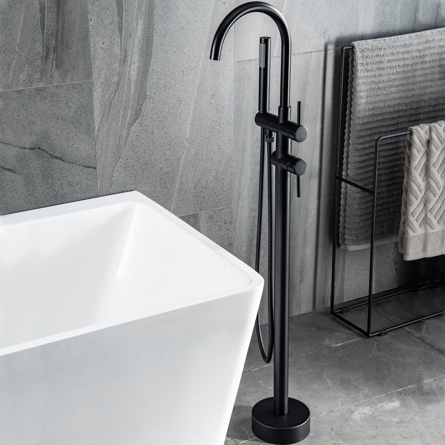 IHOMEADORE Matte Black 2-Handle Freestanding Floor Mount Faucet Filler with Hand Shower, Modern