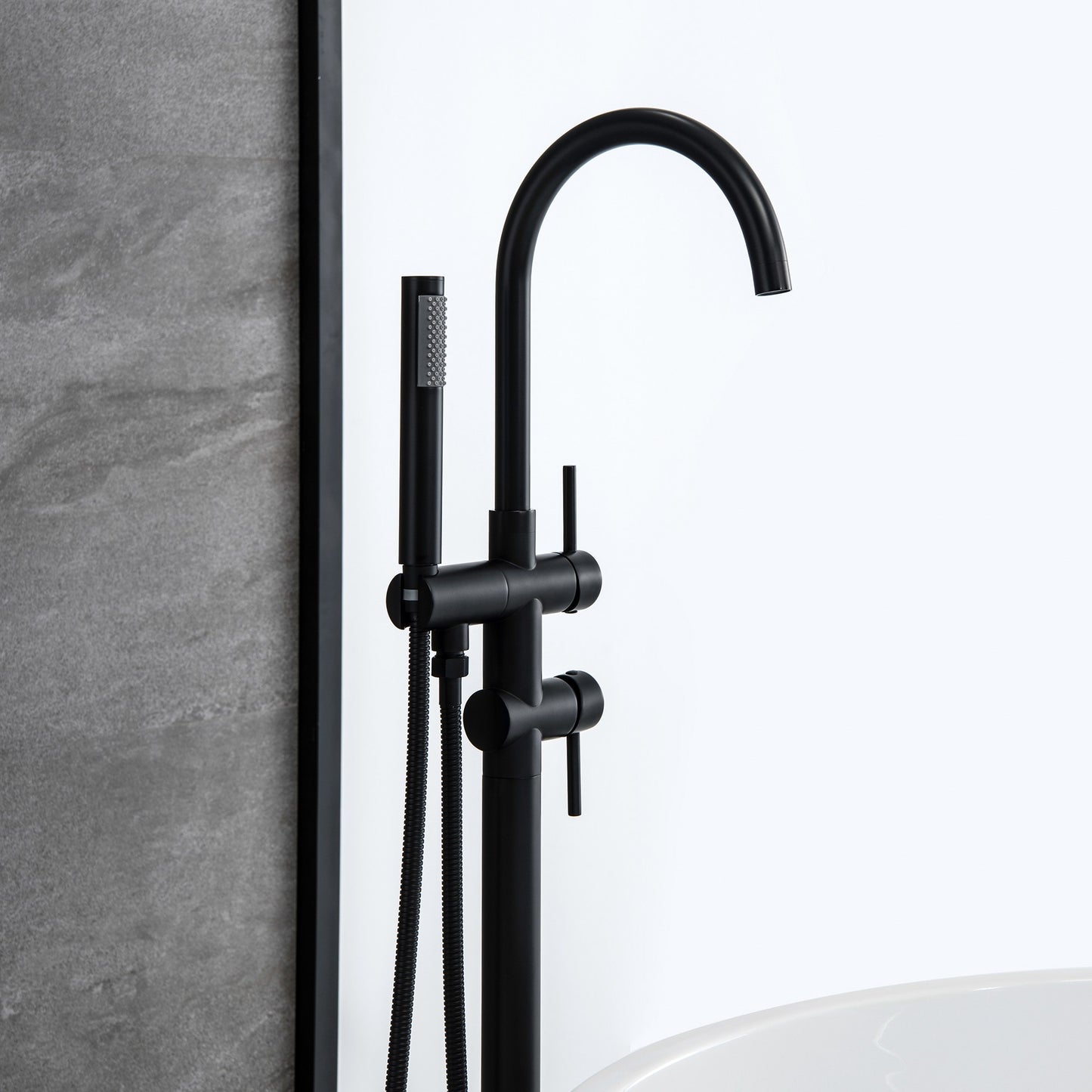 IHOMEADORE Matte Black 2-Handle Freestanding Floor Mount Faucet Filler with Hand Shower, Modern