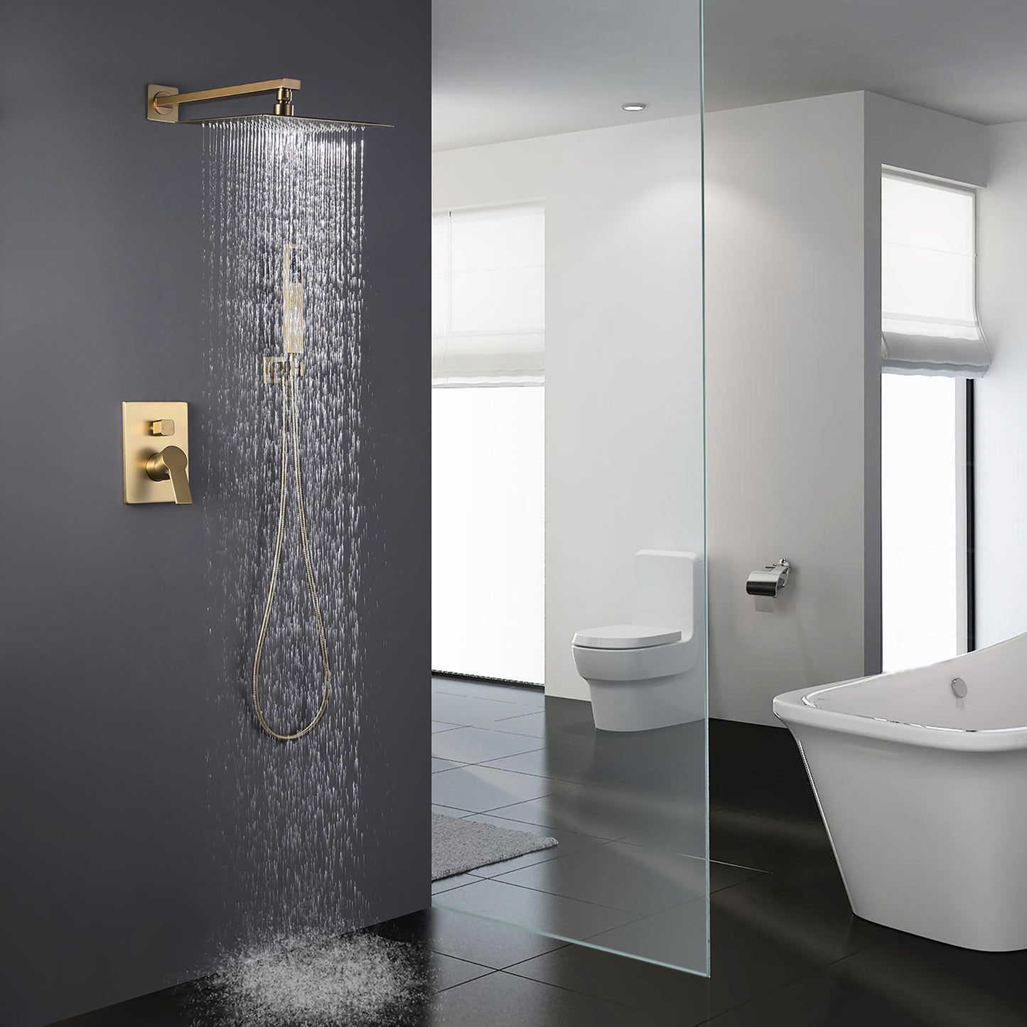 IHOMEADORE Brushed Gold 1-Spray Square Wall Bar Shower Kit with Hand Shower, Modern