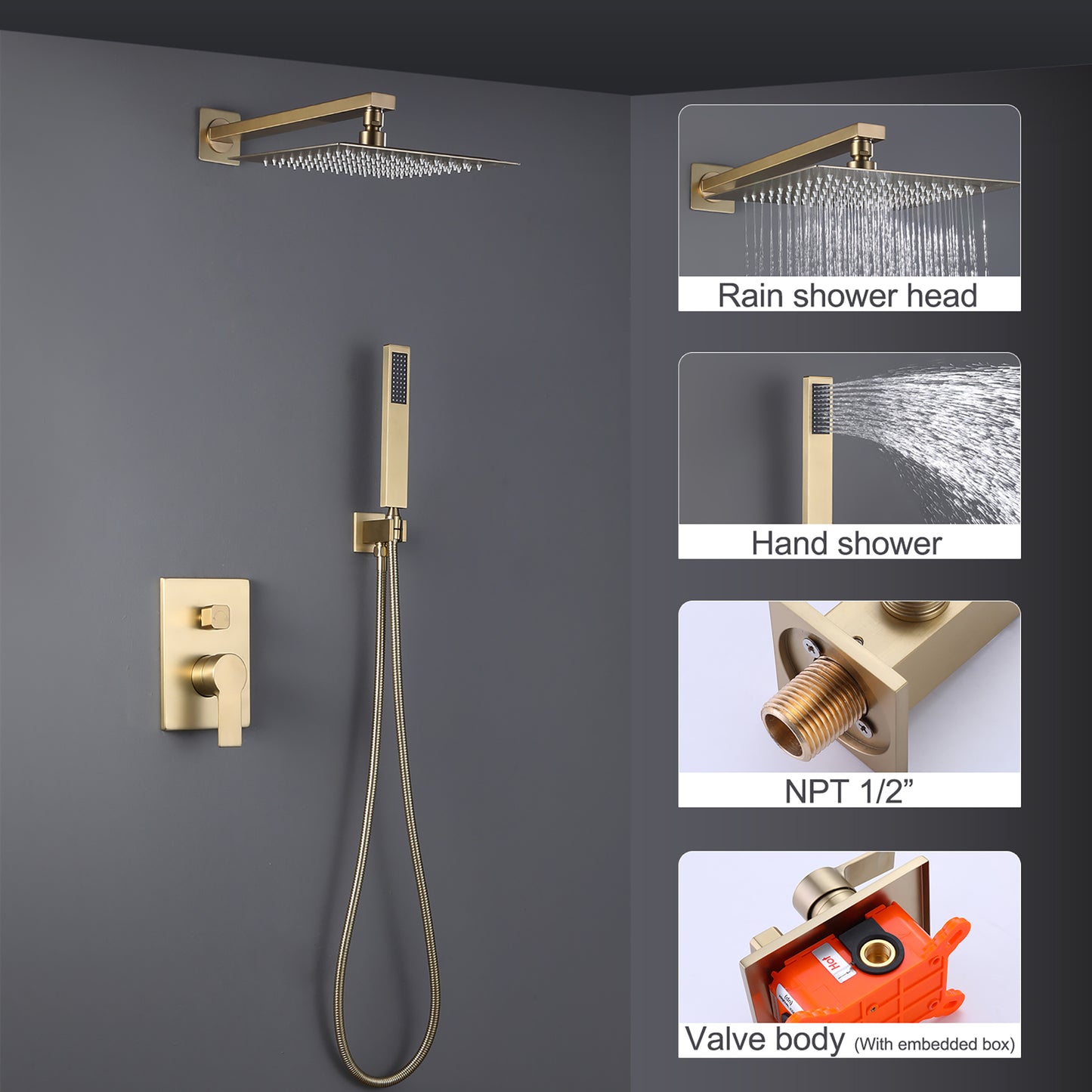 IHOMEADORE Brushed Gold 1-Spray Square Wall Bar Shower Kit with Hand Shower, Modern