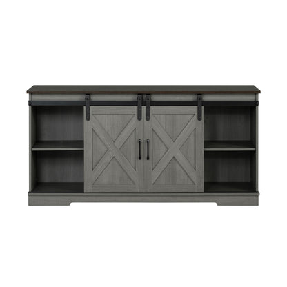 56" Brown and Gray Rustic Farmhouse TV Stand with Sliding Doors and Black Metal Accents