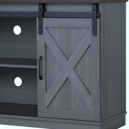 56" Brown and Gray Rustic Farmhouse TV Stand with Sliding Doors and Black Metal Accents