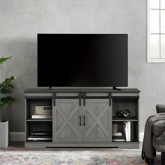 56" Brown and Gray Rustic Farmhouse TV Stand with Sliding Doors and Black Metal Accents
