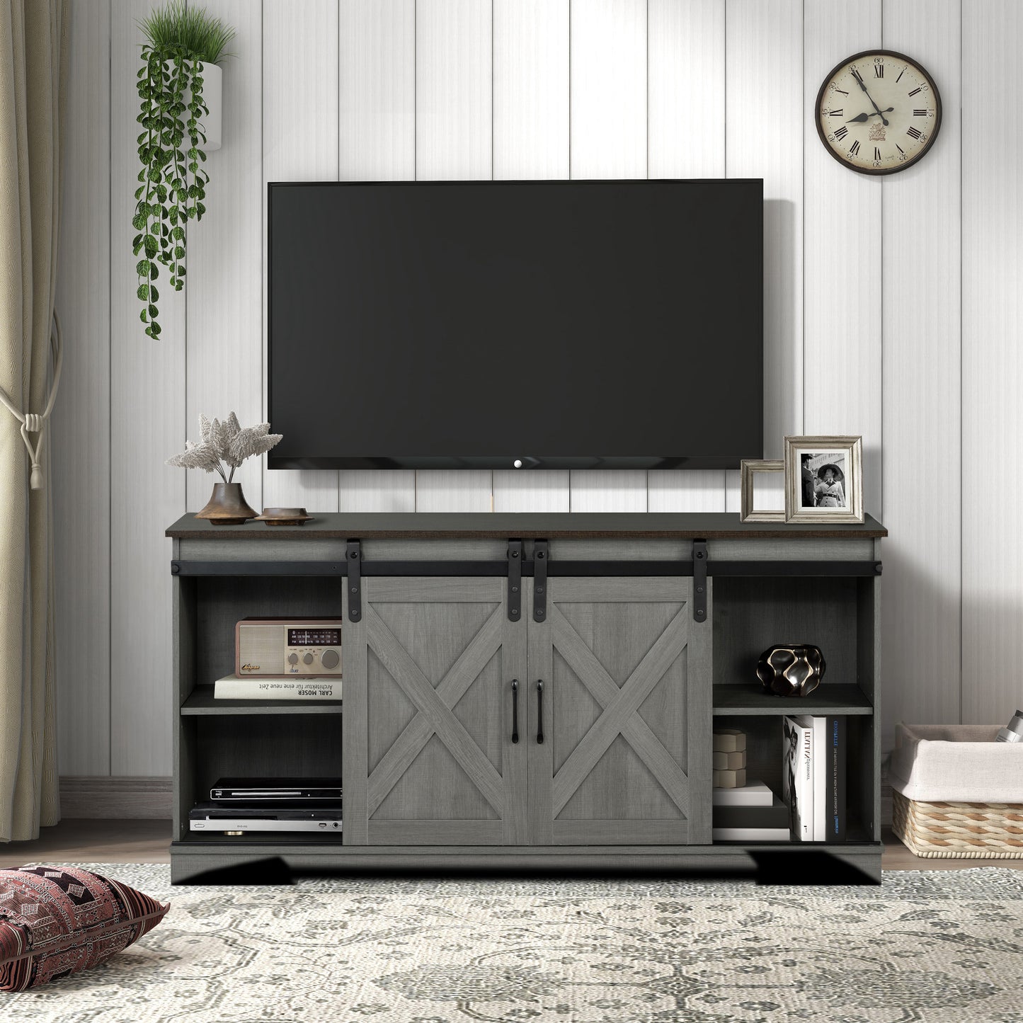 56" Brown and Gray Rustic Farmhouse TV Stand with Sliding Doors and Black Metal Accents