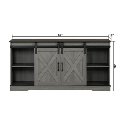 56" Brown and Gray Rustic Farmhouse TV Stand with Sliding Doors and Black Metal Accents
