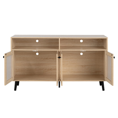 56" Mid-Century Modern Natural TV Stand with Round Black Knobs and Metal Accents