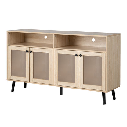 56" Mid-Century Modern Natural TV Stand with Round Black Knobs and Metal Accents