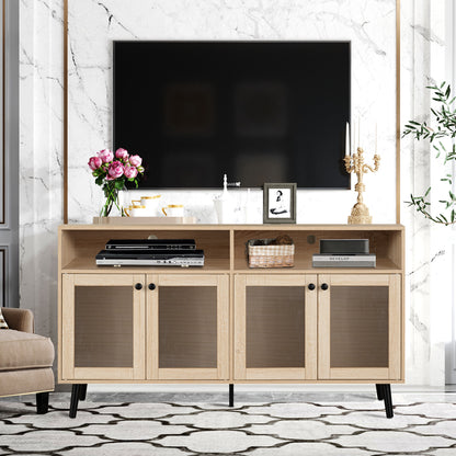 56" Mid-Century Modern Natural TV Stand with Round Black Knobs and Metal Accents