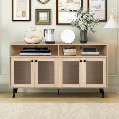 56" Mid-Century Modern Natural TV Stand with Round Black Knobs and Metal Accents