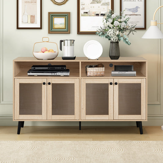 56" Mid-Century Modern Natural TV Stand with Round Black Knobs and Metal Accents