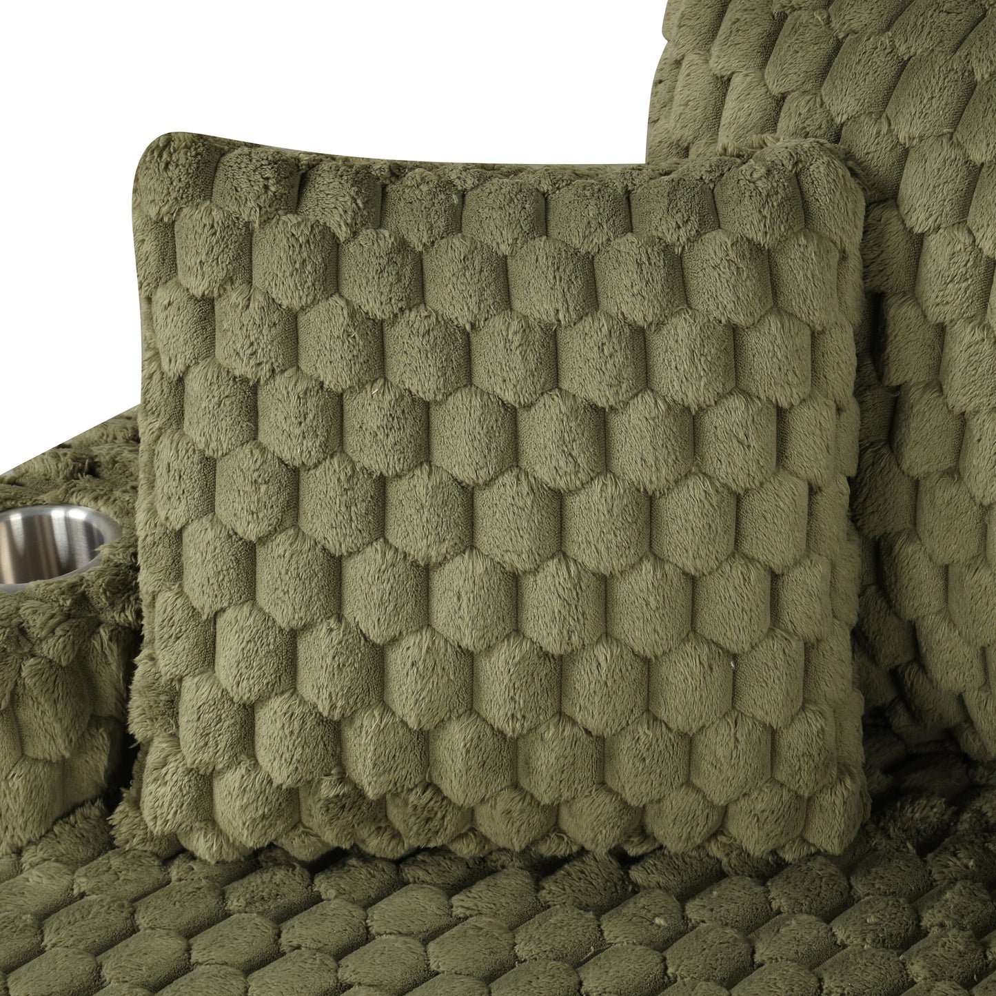 Olive Green Contemporary 2-Arm Chaise Lounge with Faux Fur and Cup Holders