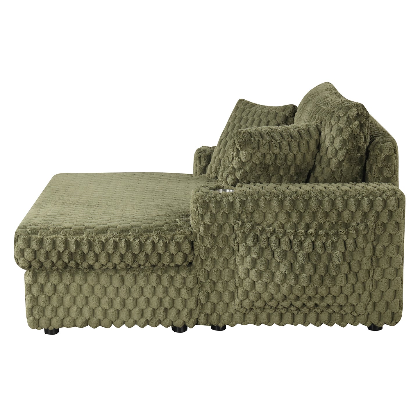 Olive Green Contemporary 2-Arm Chaise Lounge with Faux Fur and Cup Holders