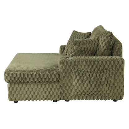 Olive Green Contemporary 2-Arm Chaise Lounge with Faux Fur and Cup Holders