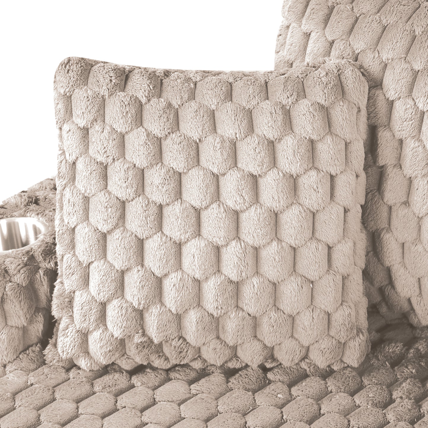 Modern Taupe 2-Arm Chaise Lounge with Faux Fur, Cup Holders and Storage Pockets
