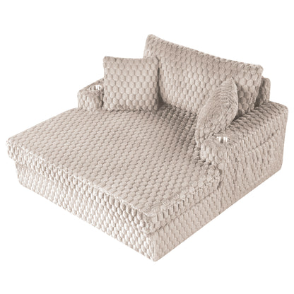 Modern Taupe 2-Arm Chaise Lounge with Faux Fur, Cup Holders and Storage Pockets