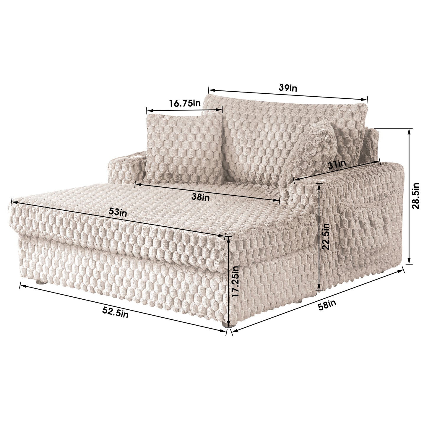 Modern Taupe 2-Arm Chaise Lounge with Faux Fur, Cup Holders and Storage Pockets